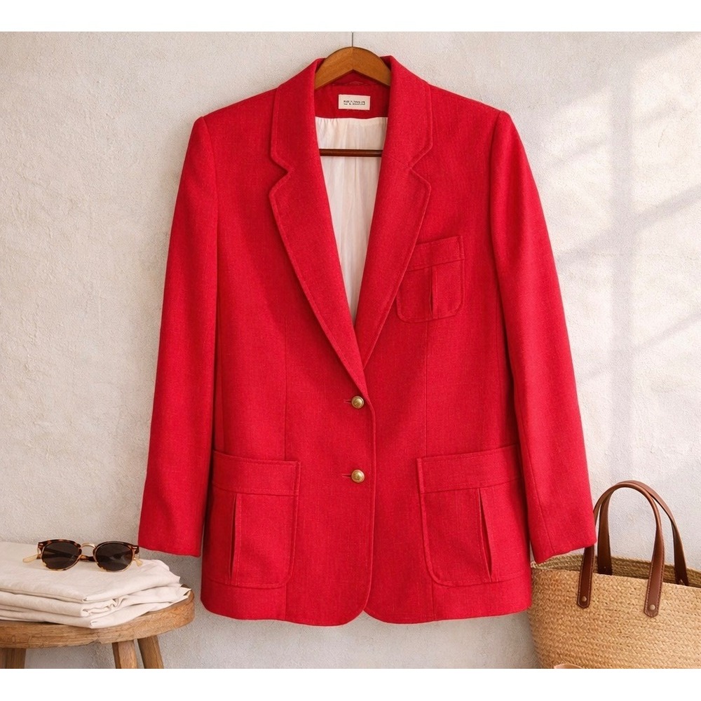 Vtg‎ Red Gold Button Linen Blazer Medium Coatree 90s Butter Mom Preppy Coastal